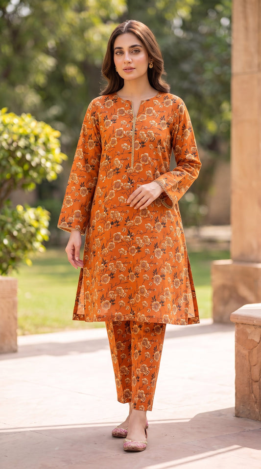 2 Piece Printed Banadora Lawn Unstitched Suit - Amber Blossom