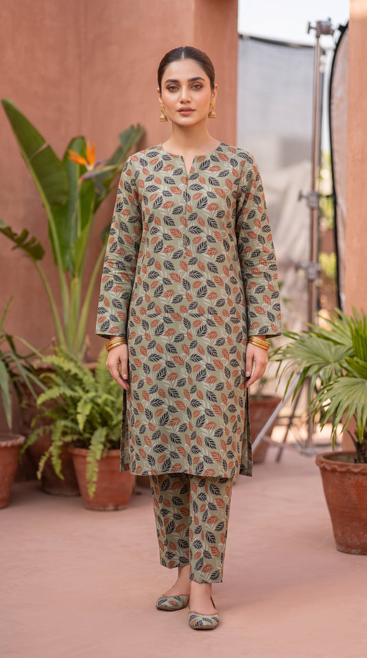 2 Piece Printed Banadora Lawn Unstitched Suit - Sage Leaves