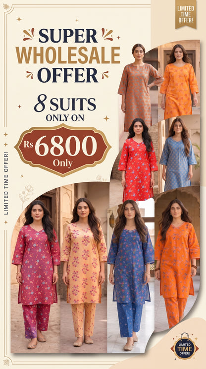 Pack of 8 Printed 2 Piece Poly Lawn Unstitched Suits Wholesale Offer - Limited Stock