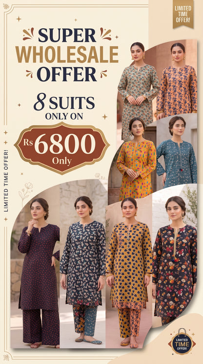 2 PC Pack of 8 Banadora Printed Unstitched Suits Wholesale Offer - Limited Stock