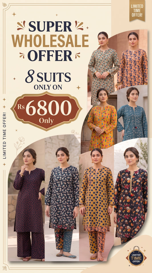 2 PC Pack of 8 Banadora Printed Unstitched Suits Wholesale Offer - Limited Stock