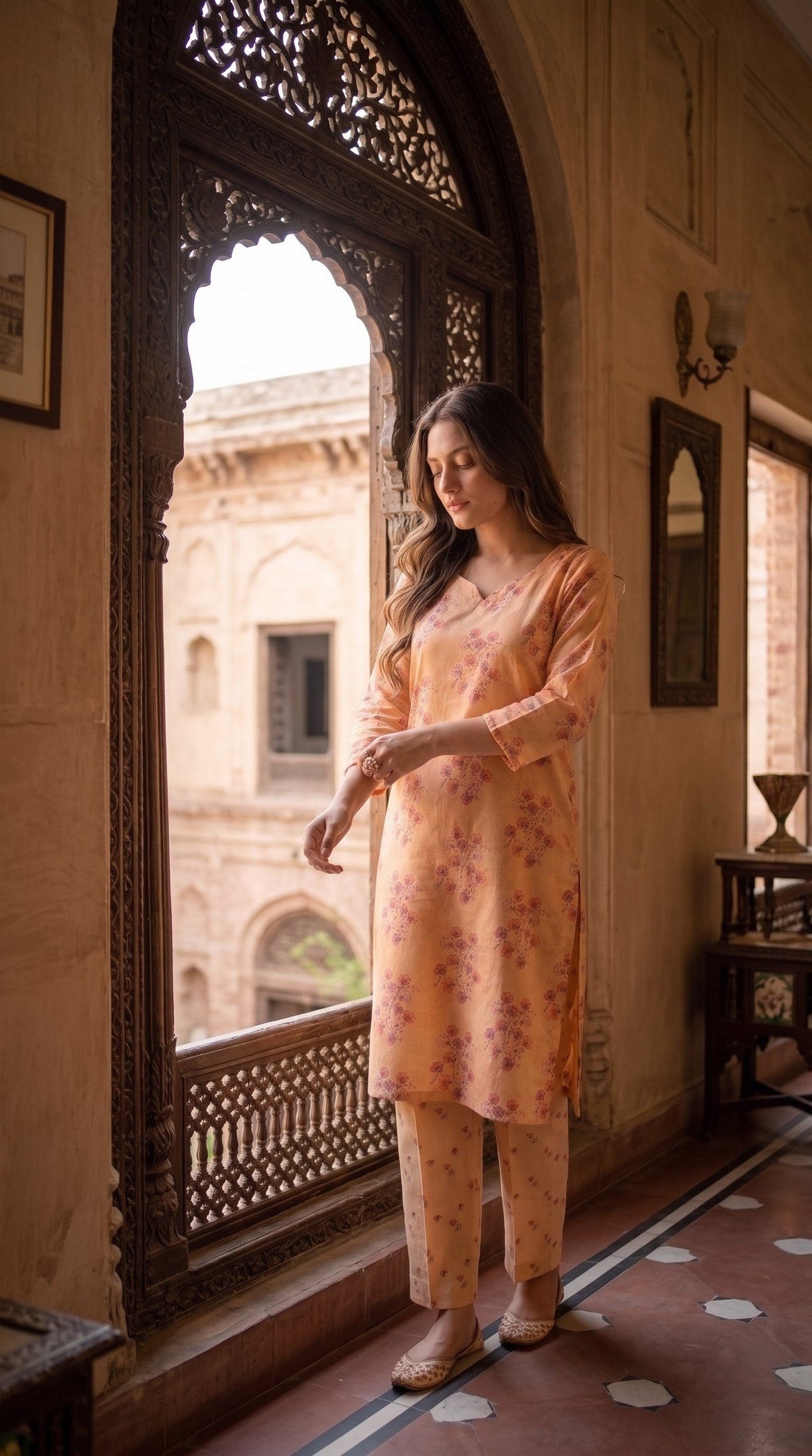 Women's Unstitched Printed Poly Lawn 2 Piece Suit –  Peach Petal Grace