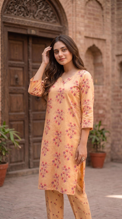Women's Unstitched Printed Poly Lawn 2 Piece Suit –  Peach Petal Grace