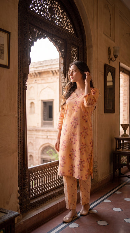 Women's Unstitched Printed Poly Lawn 2 Piece Suit –  Peach Petal Grace