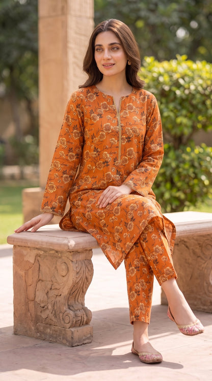 2 Piece Printed Banadora Lawn Unstitched Suit - Amber Blossom
