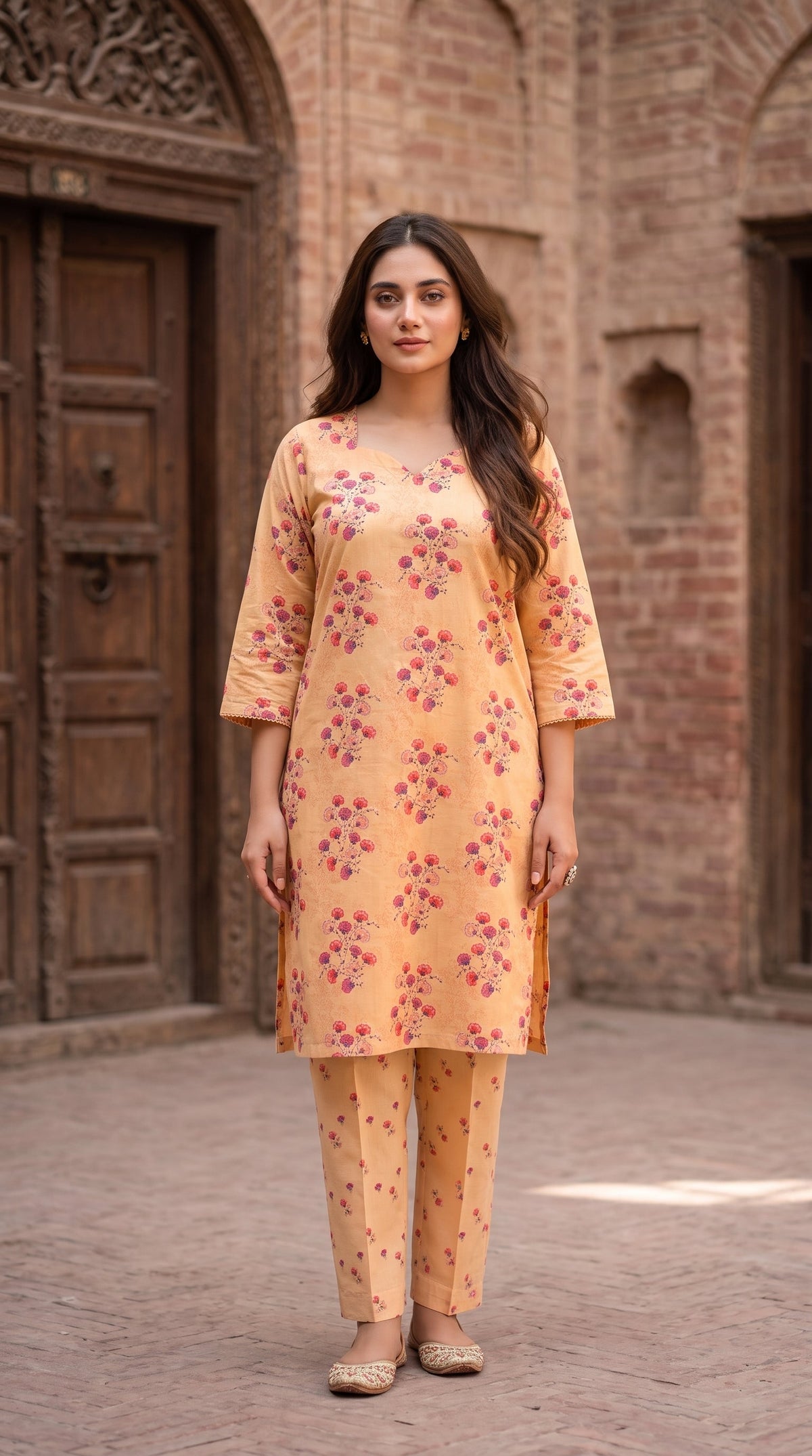 Women's Unstitched Printed Poly Lawn 2 Piece Suit –  Peach Petal Grace