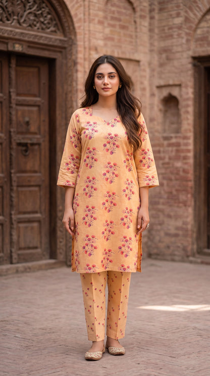 Women's Unstitched Printed Poly Lawn 2 Piece Suit –  Peach Petal Grace