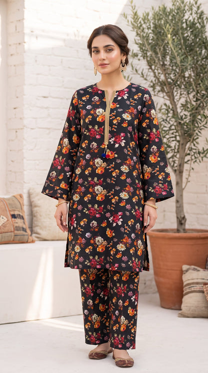 2 Piece Printed Banadora Lawn Unstitched Suit - Black Petals