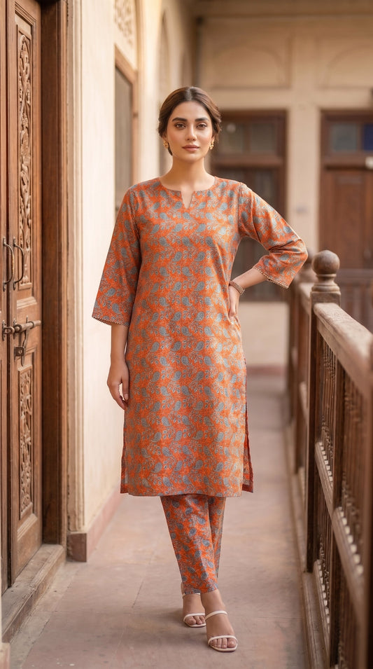 Women's Unstitched Printed Poly Lawn 2 Piece Suit –  Orange Blossom