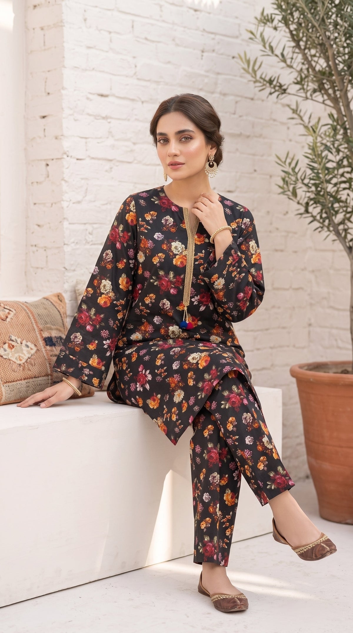 2 Piece Printed Banadora Lawn Unstitched Suit - Black Petals