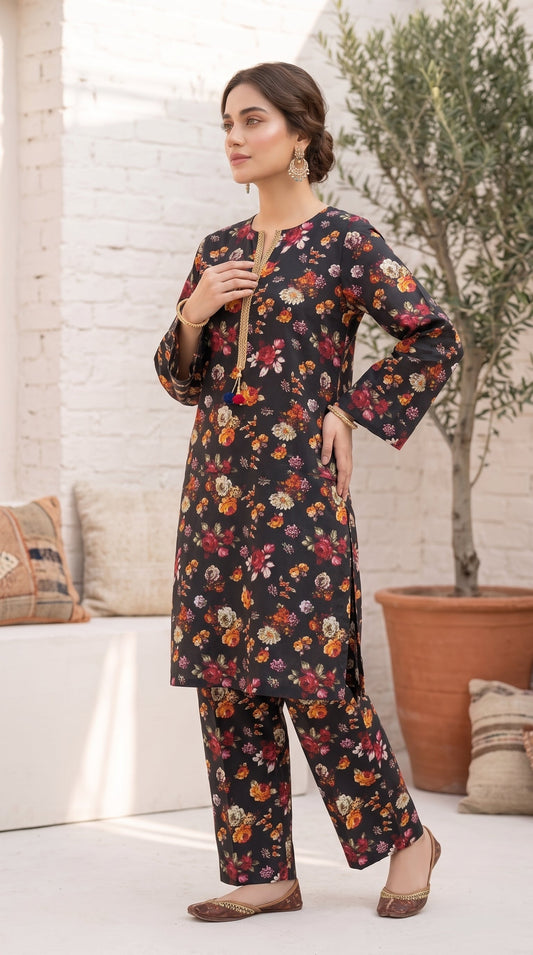 2 Piece Printed Banadora Lawn Unstitched Suit - Black Petals